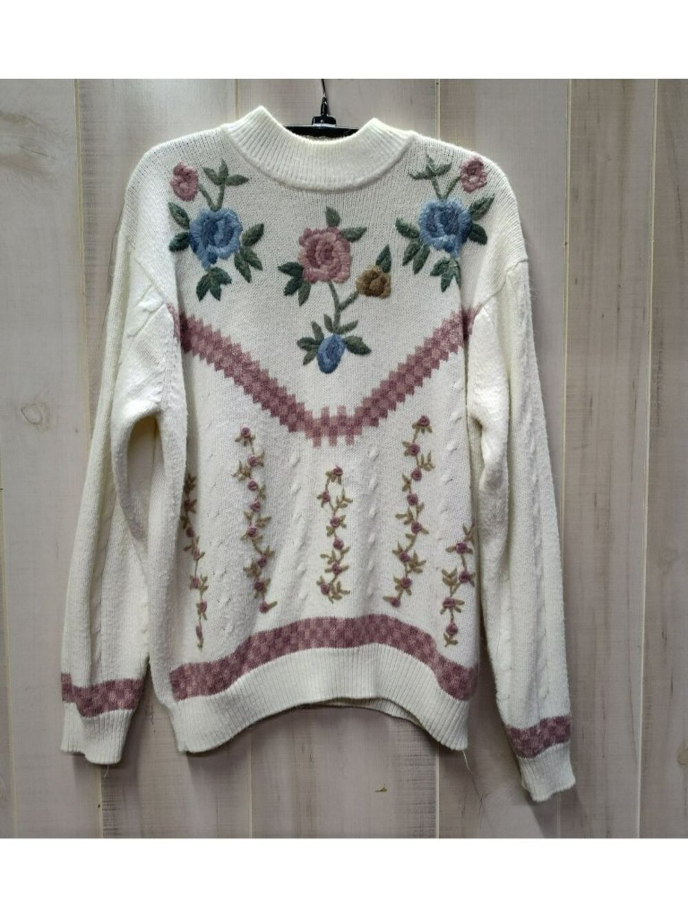 Alfred Dunner Stunner L/S Sweater, Sz XL, Floral Embroidery Cottage Coastal